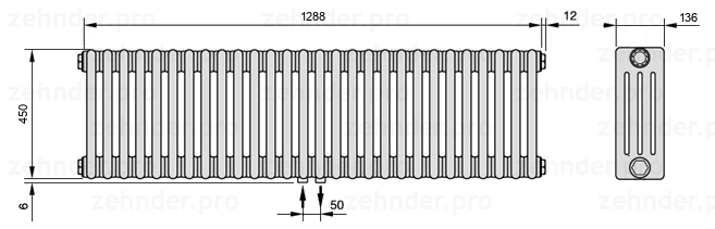 Схема (чертеж) Радиатор Zehnder Charleston 4045/28 №3470 Белый глянцевый RAL 9016